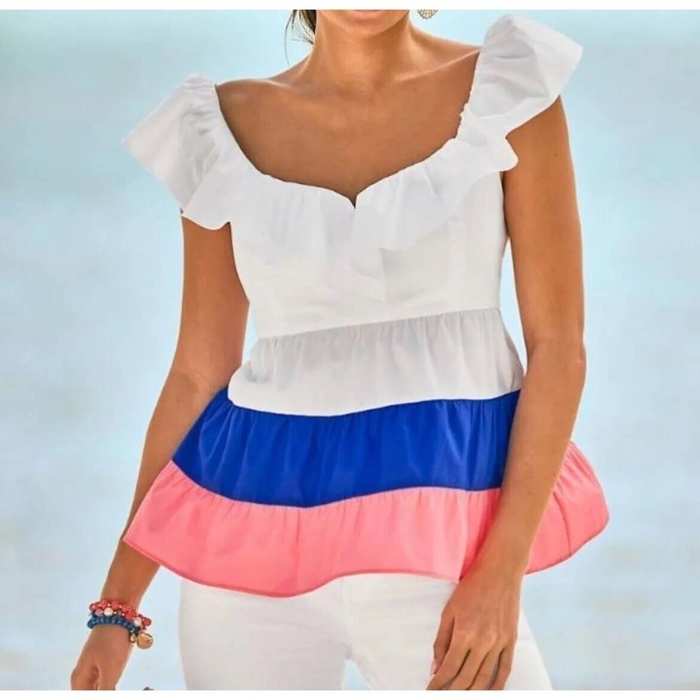 NWT Lilly Pulitzer White, Pink, and Blue Emie Ruffle Colorblock Top, Size 14 🗣